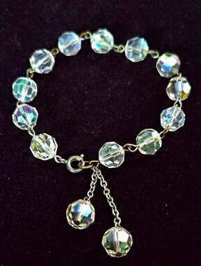 Vintage Aurora Borealis Crystal Bead Bracelet 1950s Faceted Silver Tone